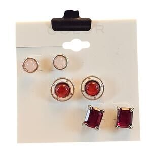 3 Pair Stud Earrings Set Pink Red Burgundy Silver Tone New Color Small NEW
